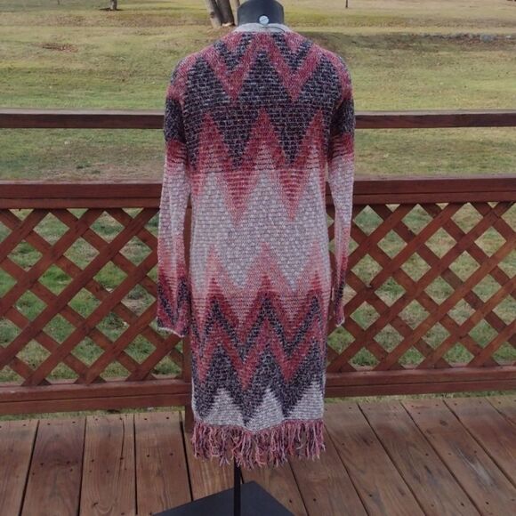 Lucky Brand Fringed Red and Pink Open Front Duster Cardigan Size Small - Picture 4 of 9